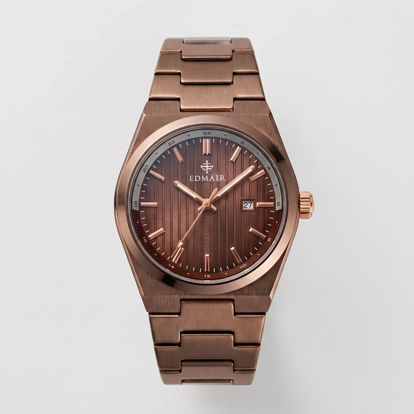 EDMAIR TERRA rose gold kasa kahve kadran entegre bilezik erkek kol saati önden görünüm